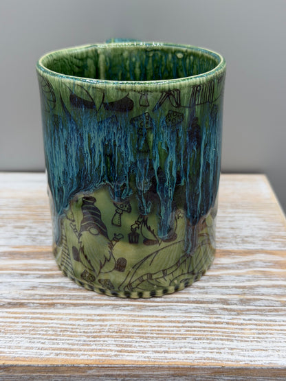 14-15 oz Mushroom & Gnome Ceramic Mug in Blue Dreams