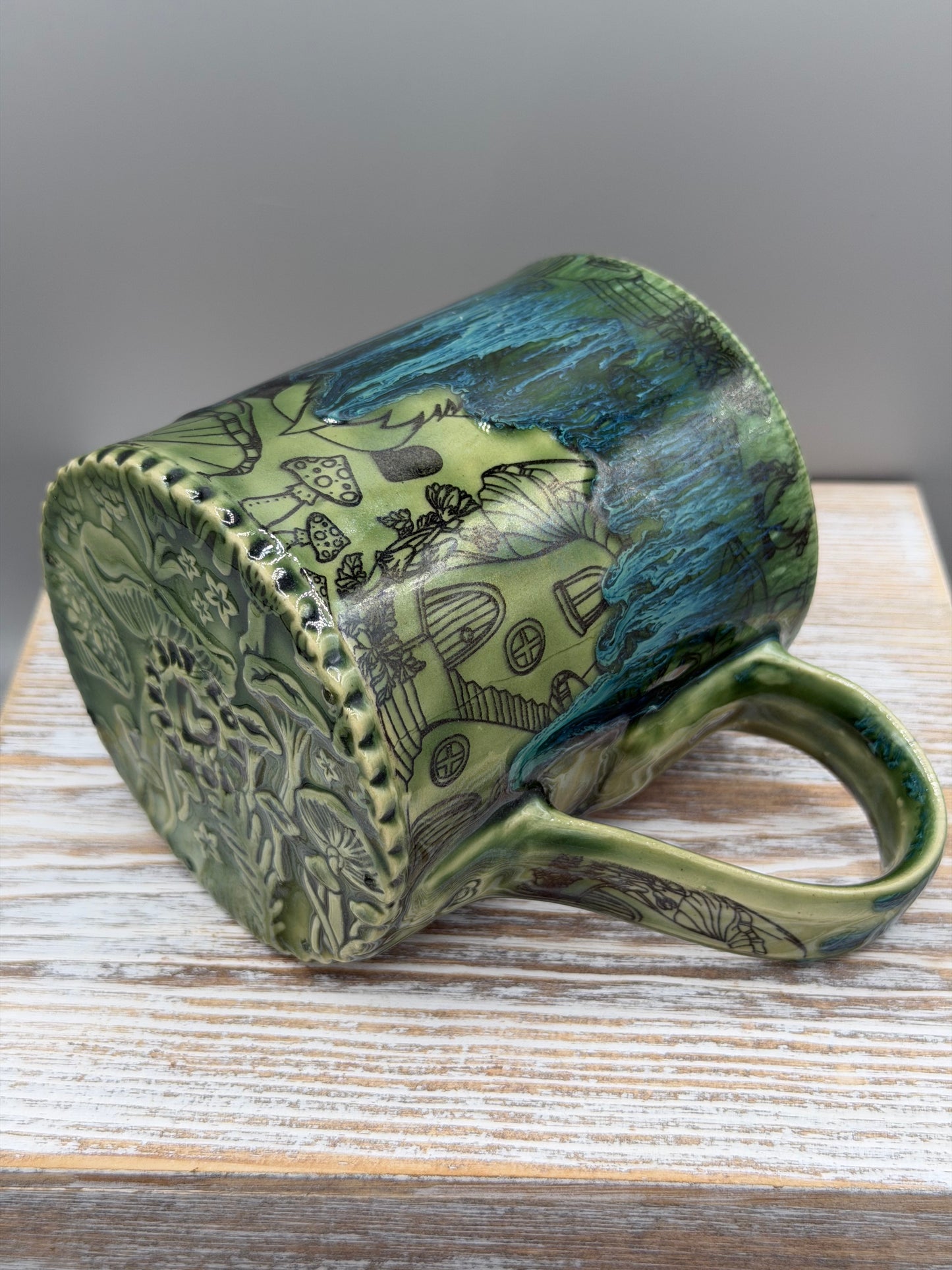 14-15 oz Mushroom & Gnome Ceramic Mug in Blue Dreams