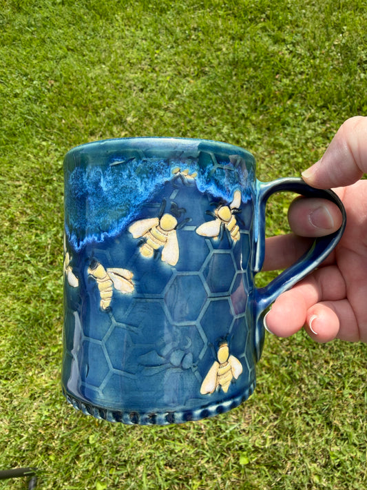 14-15 oz Hand Painted, Embossed Bees & Honeycomb Ceramic Mug in Caribbean Blue