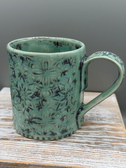 14-15 oz Embossed Geometric Ceramic Mug in Minty Petals