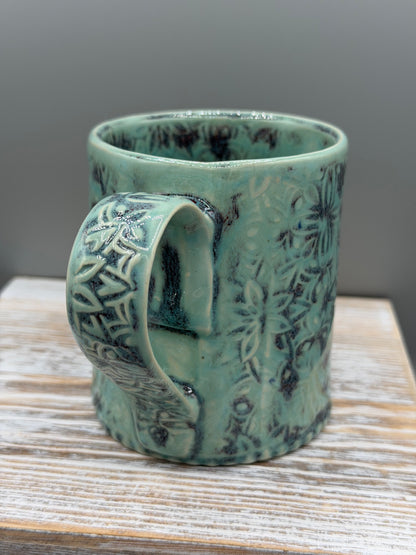 14-15 oz Embossed Geometric Ceramic Mug in Minty Petals