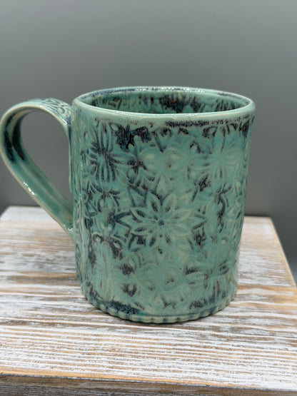 14-15 oz Embossed Geometric Ceramic Mug in Minty Petals