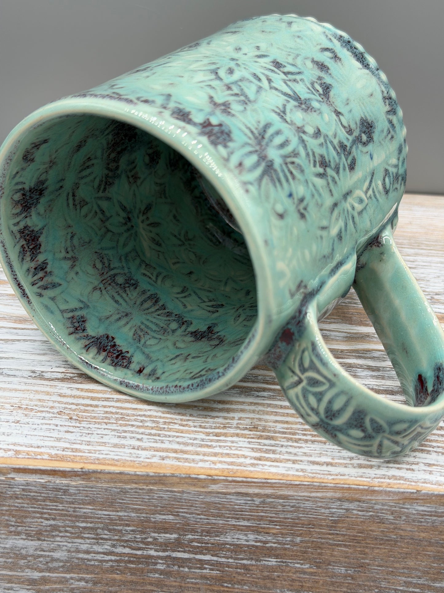 14-15 oz Embossed Geometric Ceramic Mug in Minty Petals
