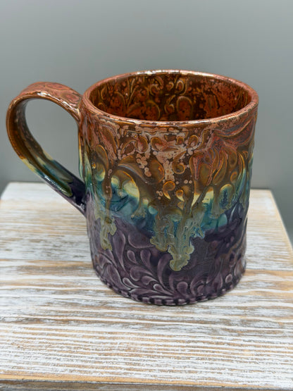 14-15 oz Embossed Paisley Ceramic Mug in Melting Copper to Purple