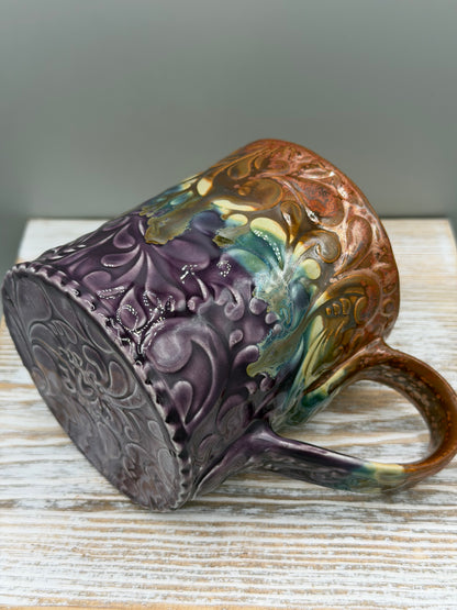 14-15 oz Embossed Paisley Ceramic Mug in Melting Copper to Purple