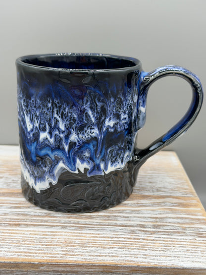 14-15 oz Embossed Paisley Ceramic Mug in Molten Blue Lava