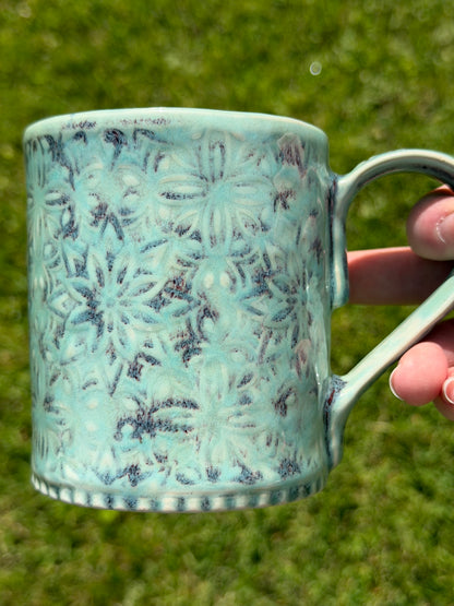 14-15 oz Embossed Geometric Ceramic Mug in Minty Petals