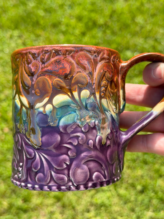 14-15 oz Embossed Paisley Ceramic Mug in Melting Copper to Purple