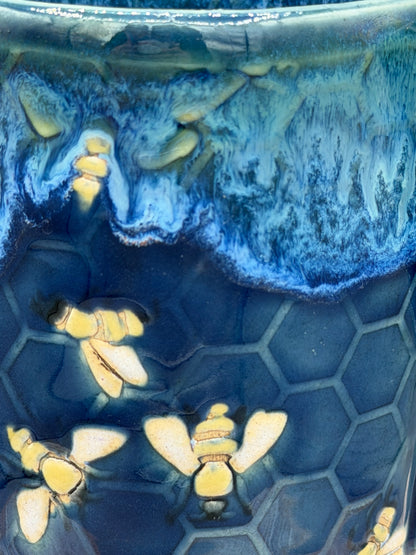 14-15 oz Hand Painted, Embossed Bees & Honeycomb Ceramic Mug in Caribbean Blue