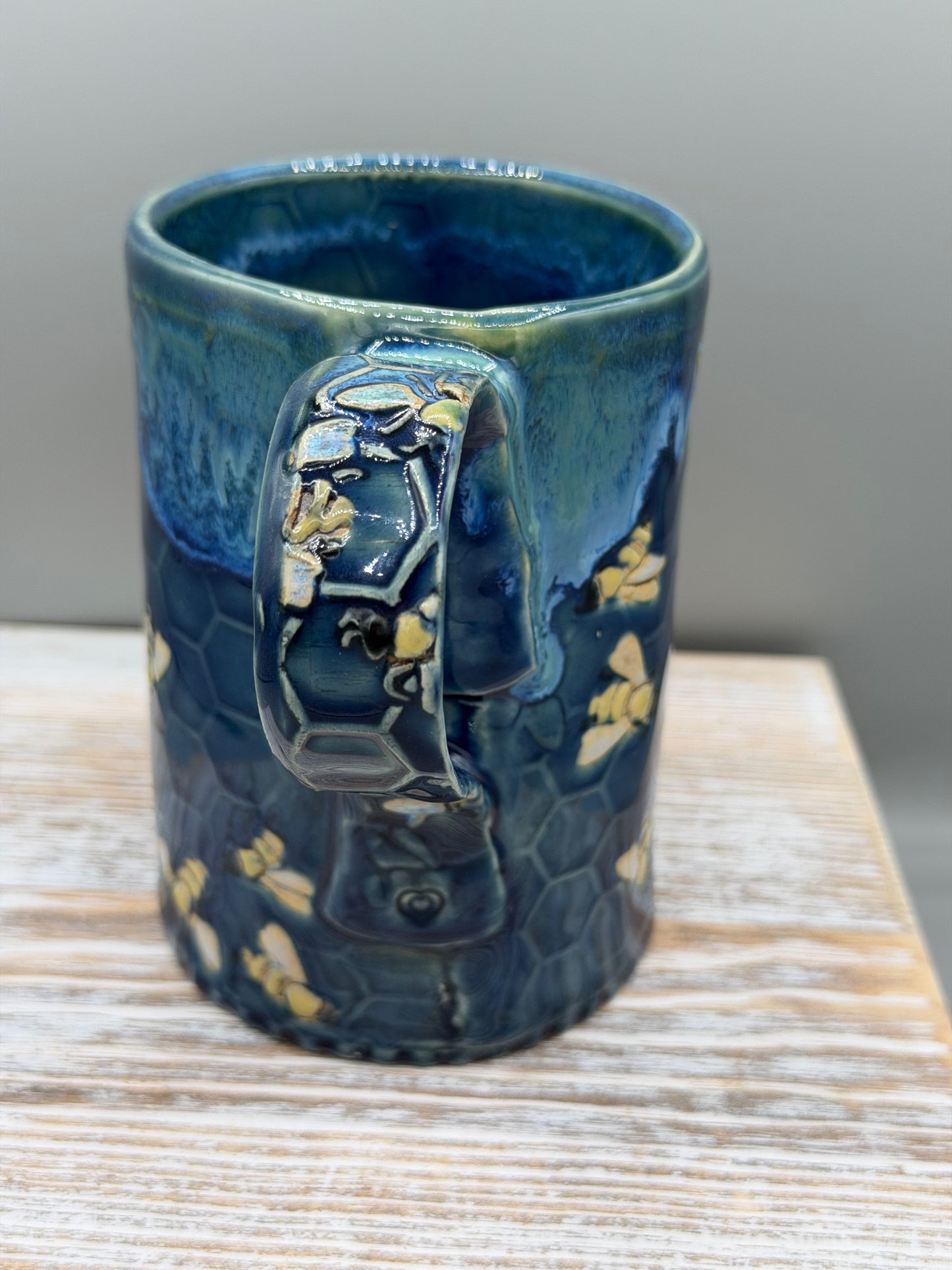 16-17 oz Hand Painted, Embossed Bees & Honeycomb Ceramic Mug in Caribbean Blue