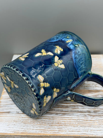 16-17 oz Hand Painted, Embossed Bees & Honeycomb Ceramic Mug in Caribbean Blue