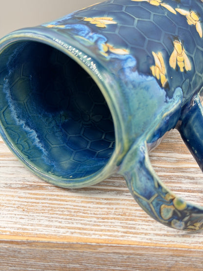 16-17 oz Hand Painted, Embossed Bees & Honeycomb Ceramic Mug in Caribbean Blue