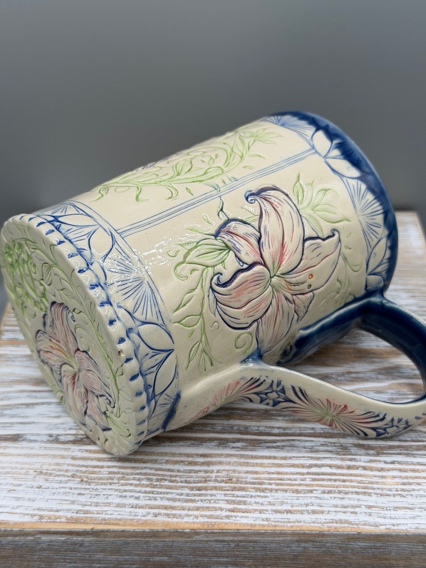 16-17 oz Hand Painted, Imprinted Lilies Ceramic Mug