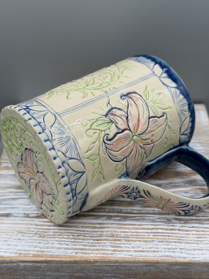 16-17 oz Hand Painted, Imprinted Lilies Ceramic Mug