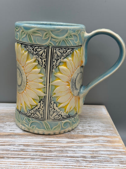 16-17 oz Hand Painted & Embossed Sunflower Ceramic Mug