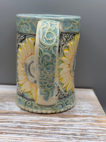 16-17 oz Hand Painted & Embossed Sunflower Ceramic Mug