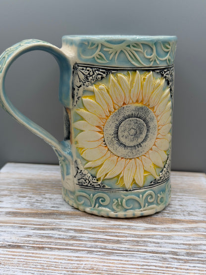 16-17 oz Hand Painted & Embossed Sunflower Ceramic Mug