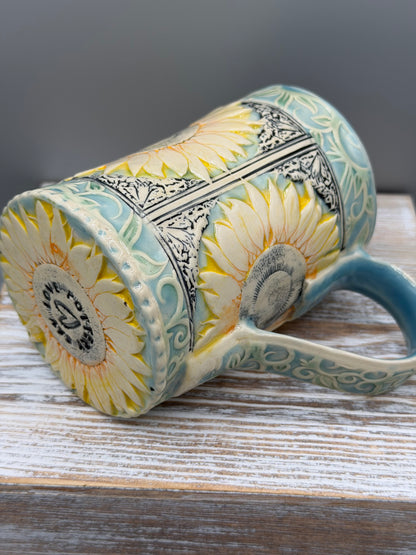 16-17 oz Hand Painted & Embossed Sunflower Ceramic Mug