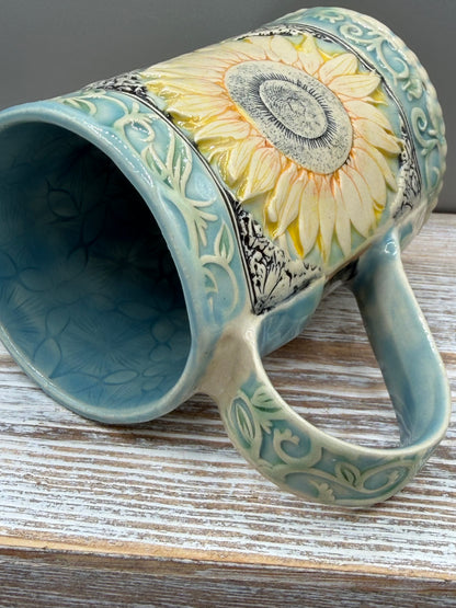 16-17 oz Hand Painted & Embossed Sunflower Ceramic Mug