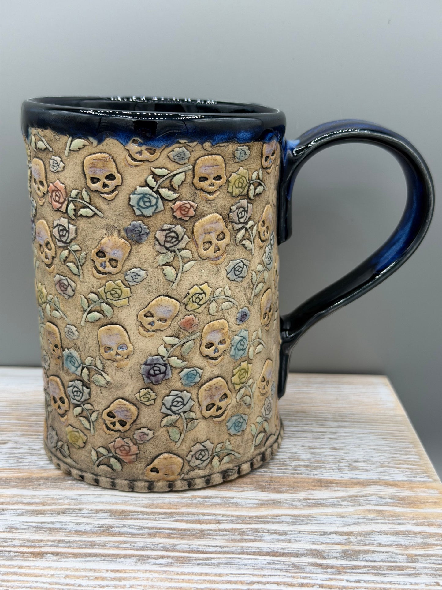 16-17 oz Hand Painted & Embossed Skulls & Roses Ceramic Mug
