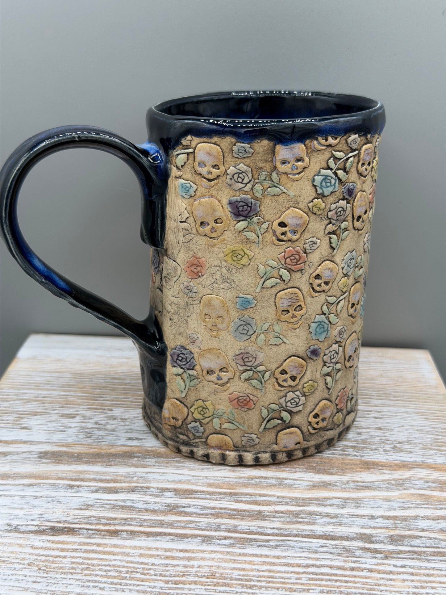 16-17 oz Hand Painted & Embossed Skulls & Roses Ceramic Mug