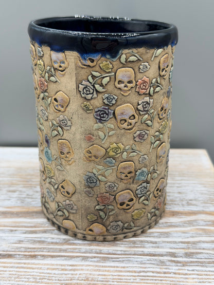16-17 oz Hand Painted & Embossed Skulls & Roses Ceramic Mug
