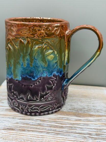 16-17 oz Embossed Sunflower Ceramic Mug in Melting Copper to Purple