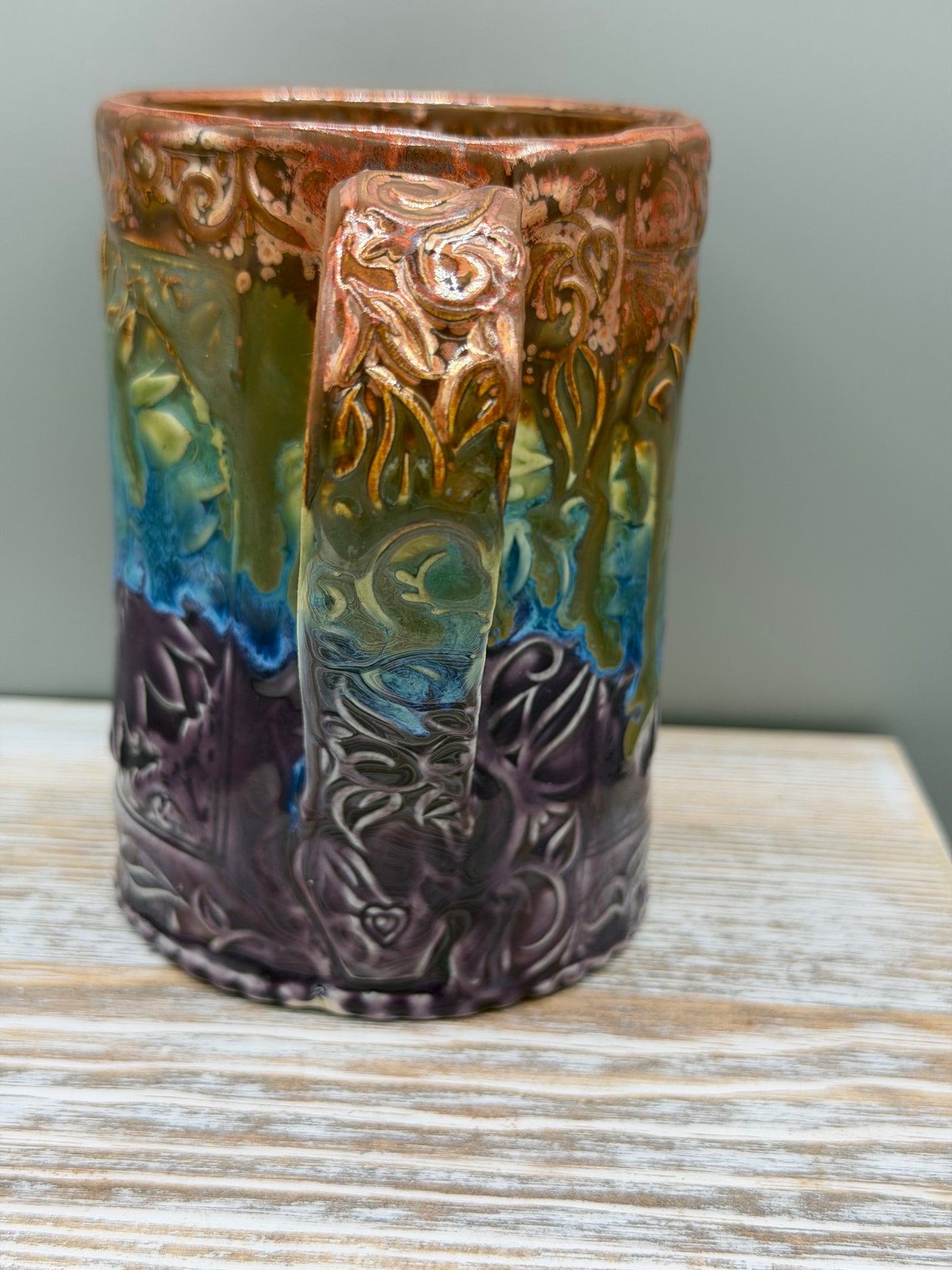 16-17 oz Embossed Sunflower Ceramic Mug in Melting Copper to Purple