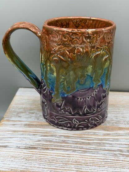 16-17 oz Embossed Sunflower Ceramic Mug in Melting Copper to Purple