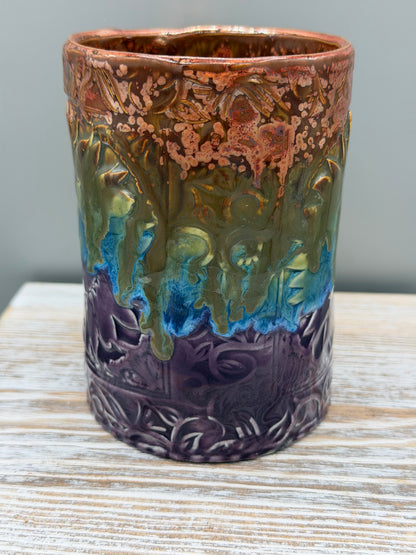 16-17 oz Embossed Sunflower Ceramic Mug in Melting Copper to Purple