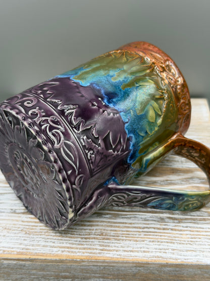 16-17 oz Embossed Sunflower Ceramic Mug in Melting Copper to Purple