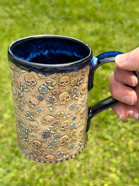 16-17 oz Hand Painted & Embossed Skulls & Roses Ceramic Mug