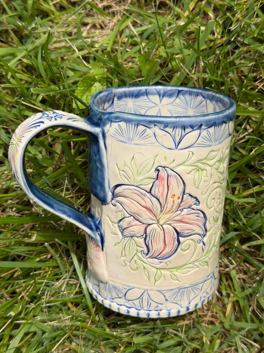 16-17 oz Hand Painted, Imprinted Lilies Ceramic Mug