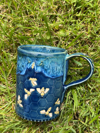 16-17 oz Hand Painted, Embossed Bees & Honeycomb Ceramic Mug in Caribbean Blue