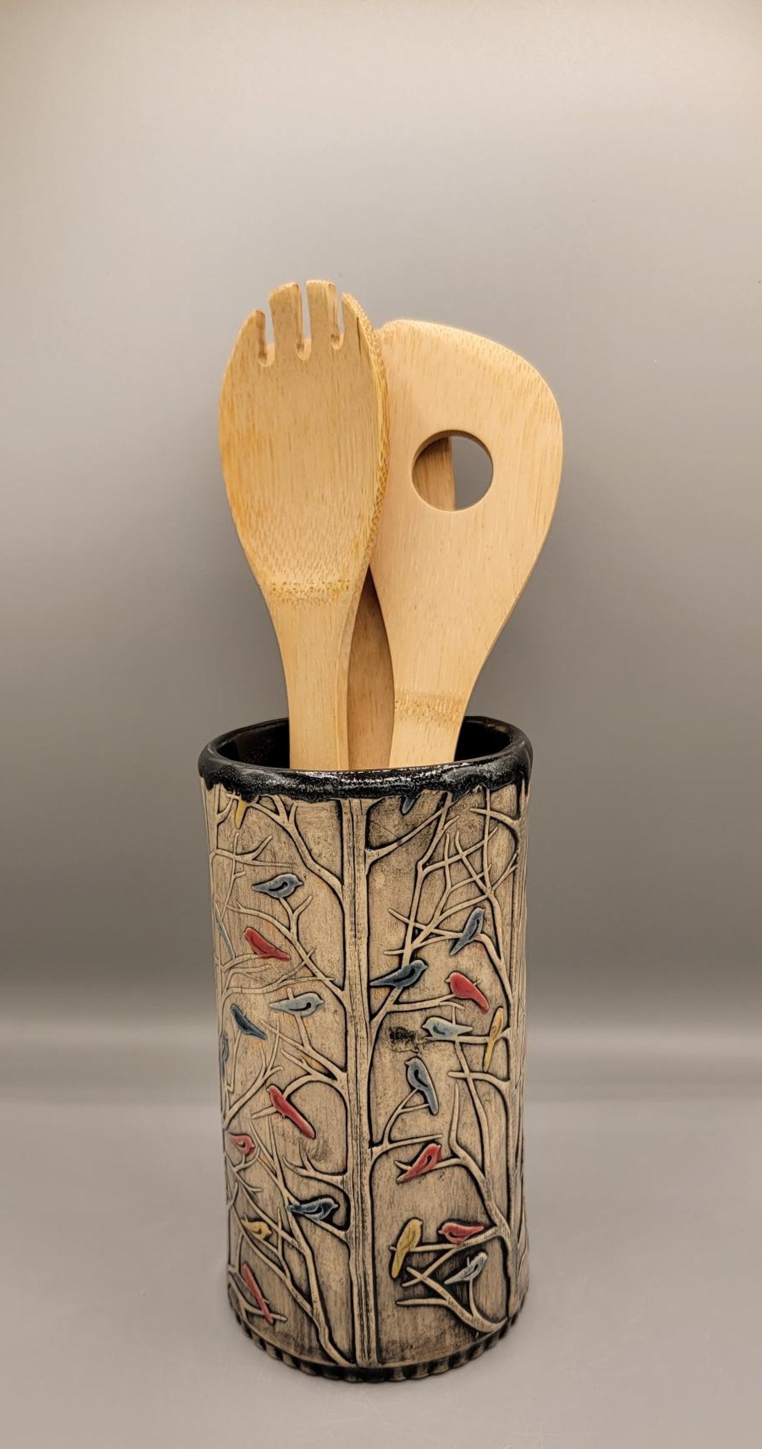 Hand Painted Embossed Birds in trees Ceramic Vase/Utensil Holder