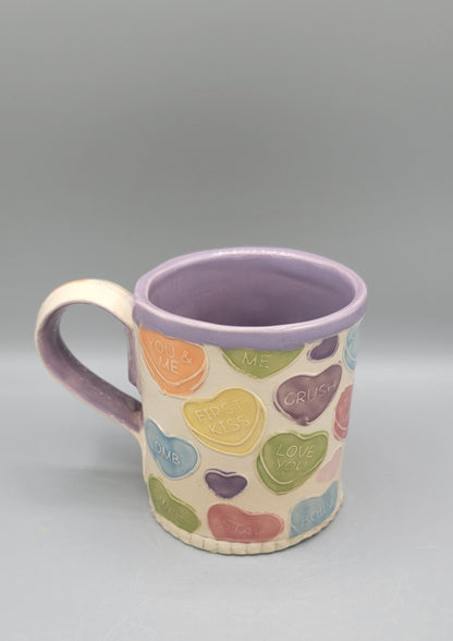 14-15oz Hand Painted Embossed Candy Song Hearts Ceramic Mug