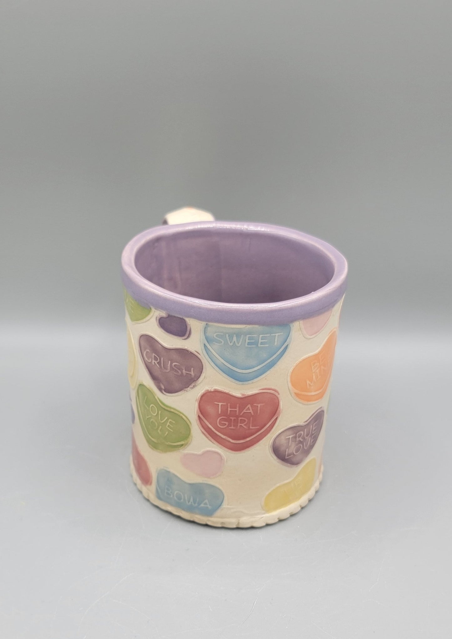 14-15oz Hand Painted Embossed Candy Song Hearts Ceramic Mug