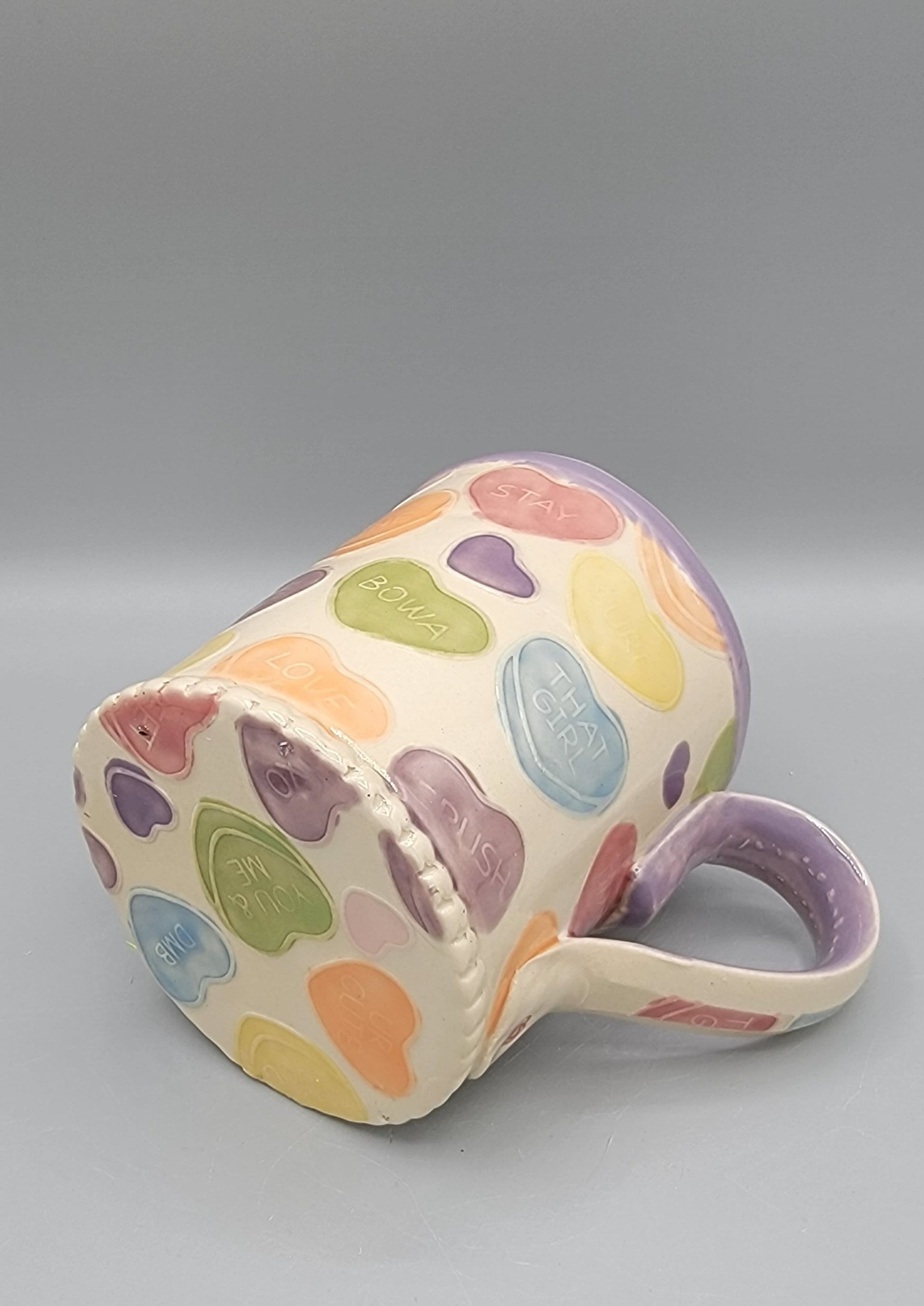 14-15oz Hand Painted Embossed Candy Song Hearts Ceramic Mug