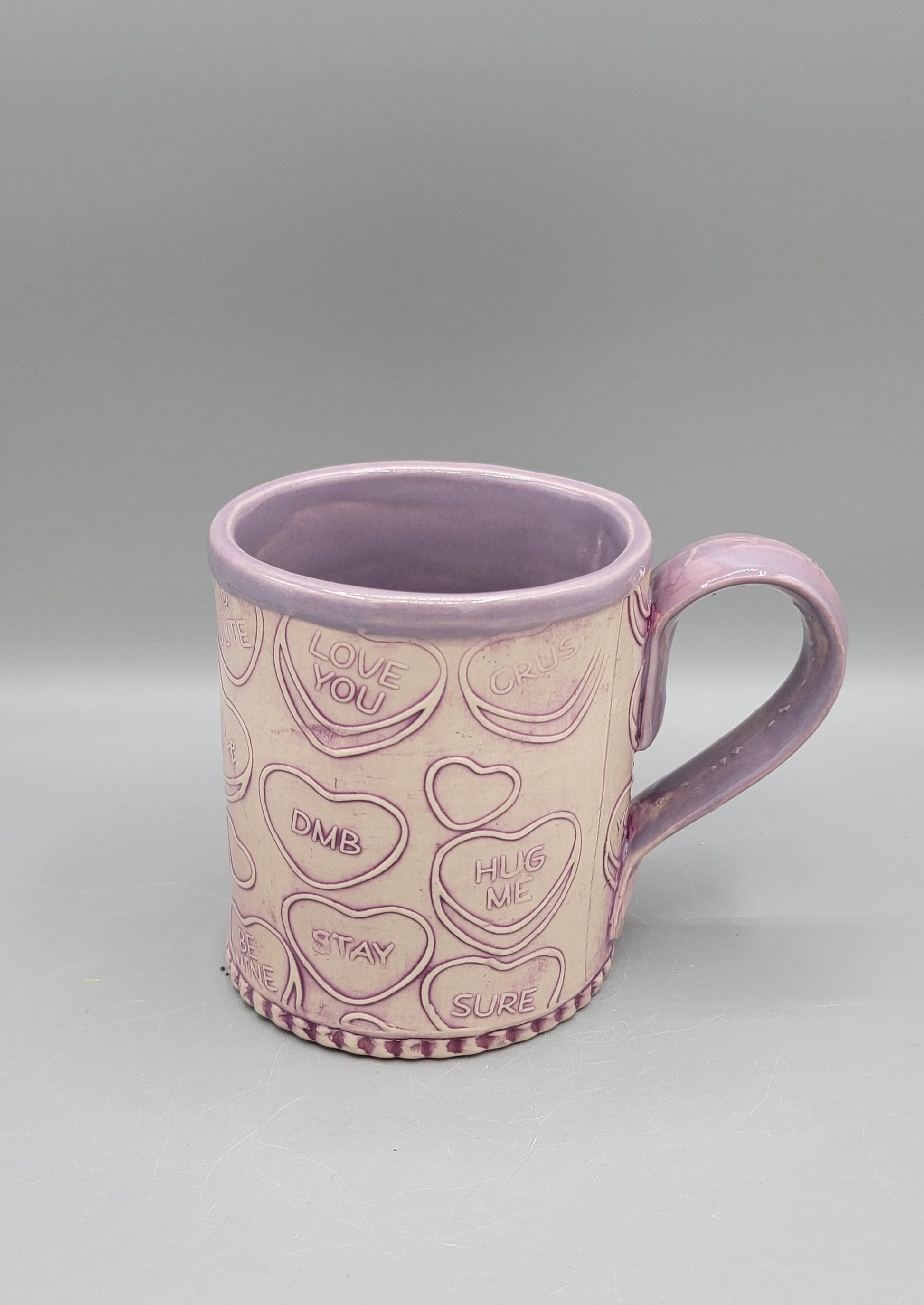 14-15oz  Embossed Candy Song Hearts Ceramic Mug in Magenta Grape