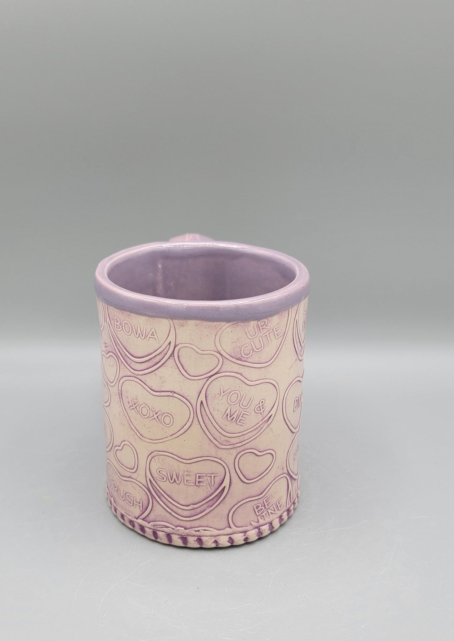 14-15oz  Embossed Candy Song Hearts Ceramic Mug in Magenta Grape