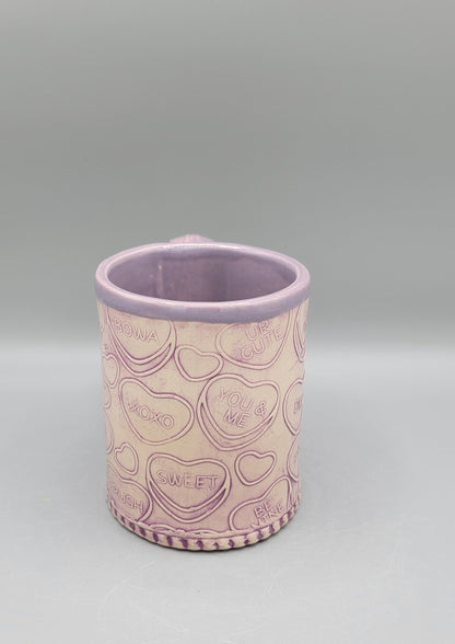 14-15oz  Embossed Candy Song Hearts Ceramic Mug in Magenta Grape