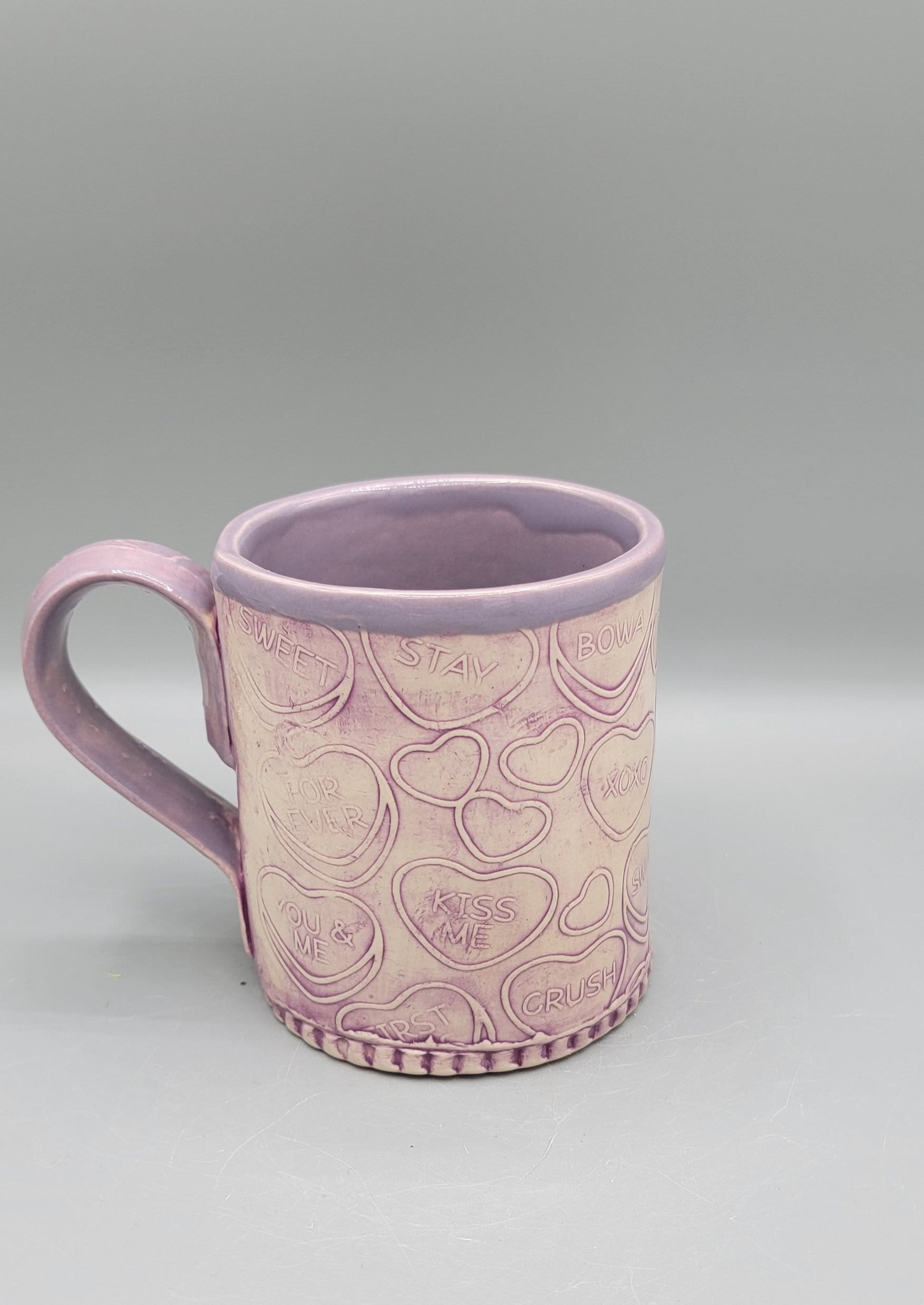 14-15oz  Embossed Candy Song Hearts Ceramic Mug in Magenta Grape