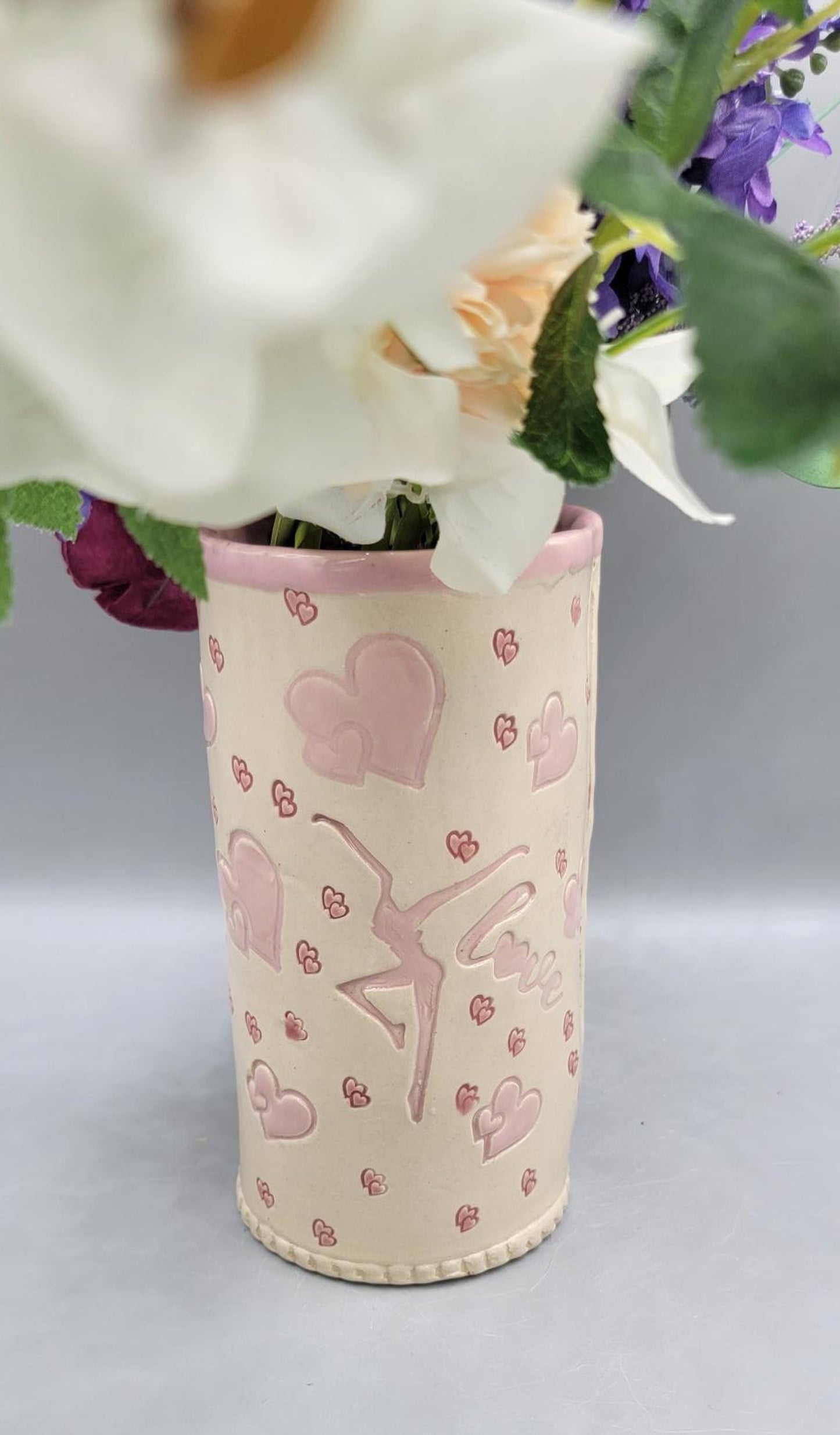 Hand Painted Imprinted Dancer and Love Ceramic Vase in Pretty Pink