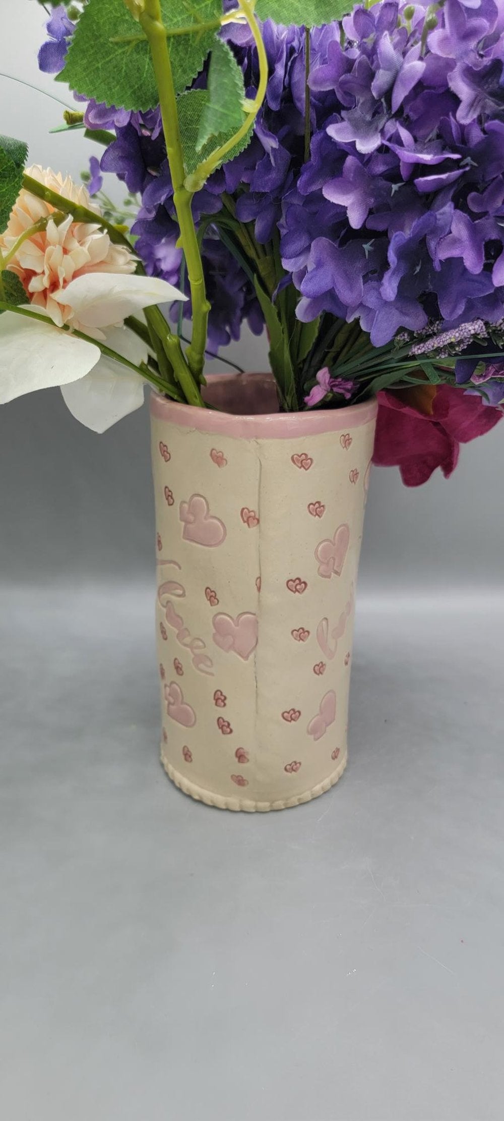 Hand Painted Imprinted Dancer and Love Ceramic Vase in Pretty Pink