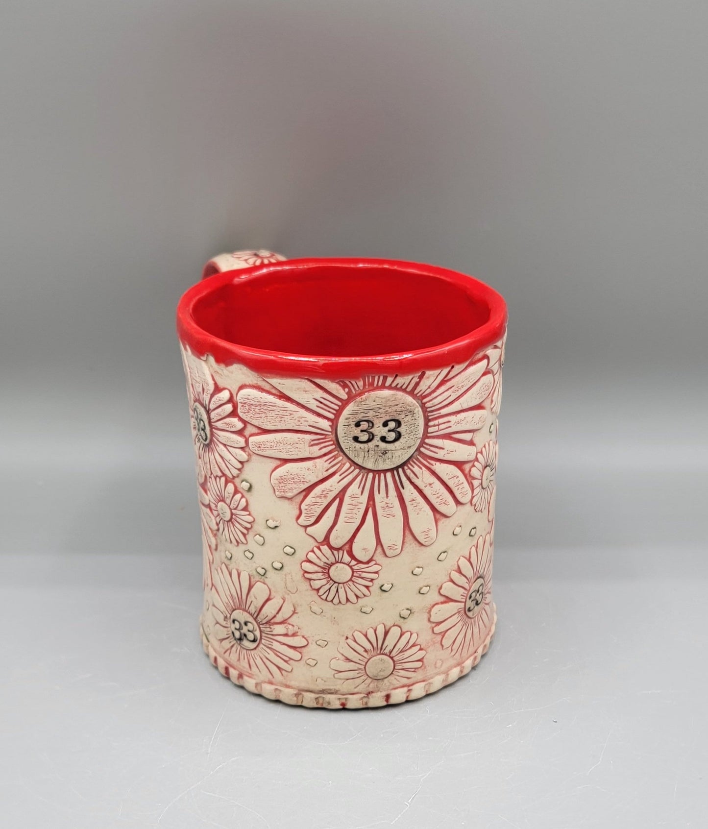14-15oz Hand Painted, Embossed BMFS Red Daisies Ceramic Mug