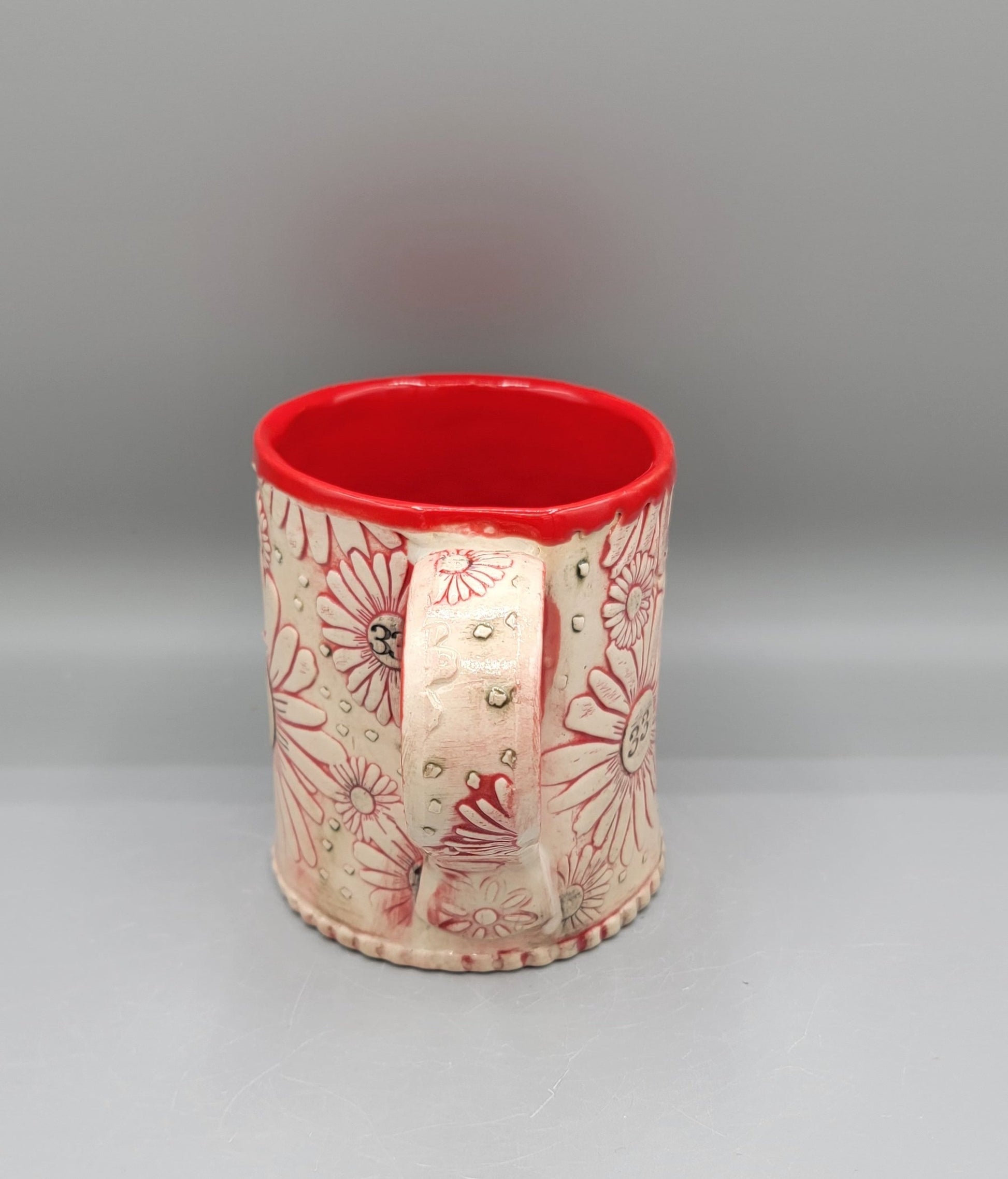 14-15oz Hand Painted, Embossed BMFS Red Daisies Ceramic Mug