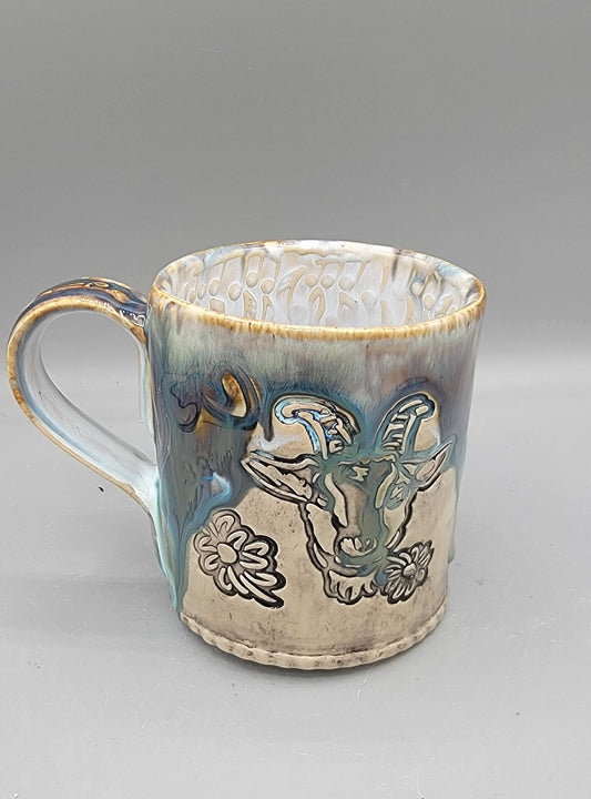 14-15oz Embossed BMFS Happy Goat Ceramic Mug in Touch of Gray With Music Notes on the Inside
