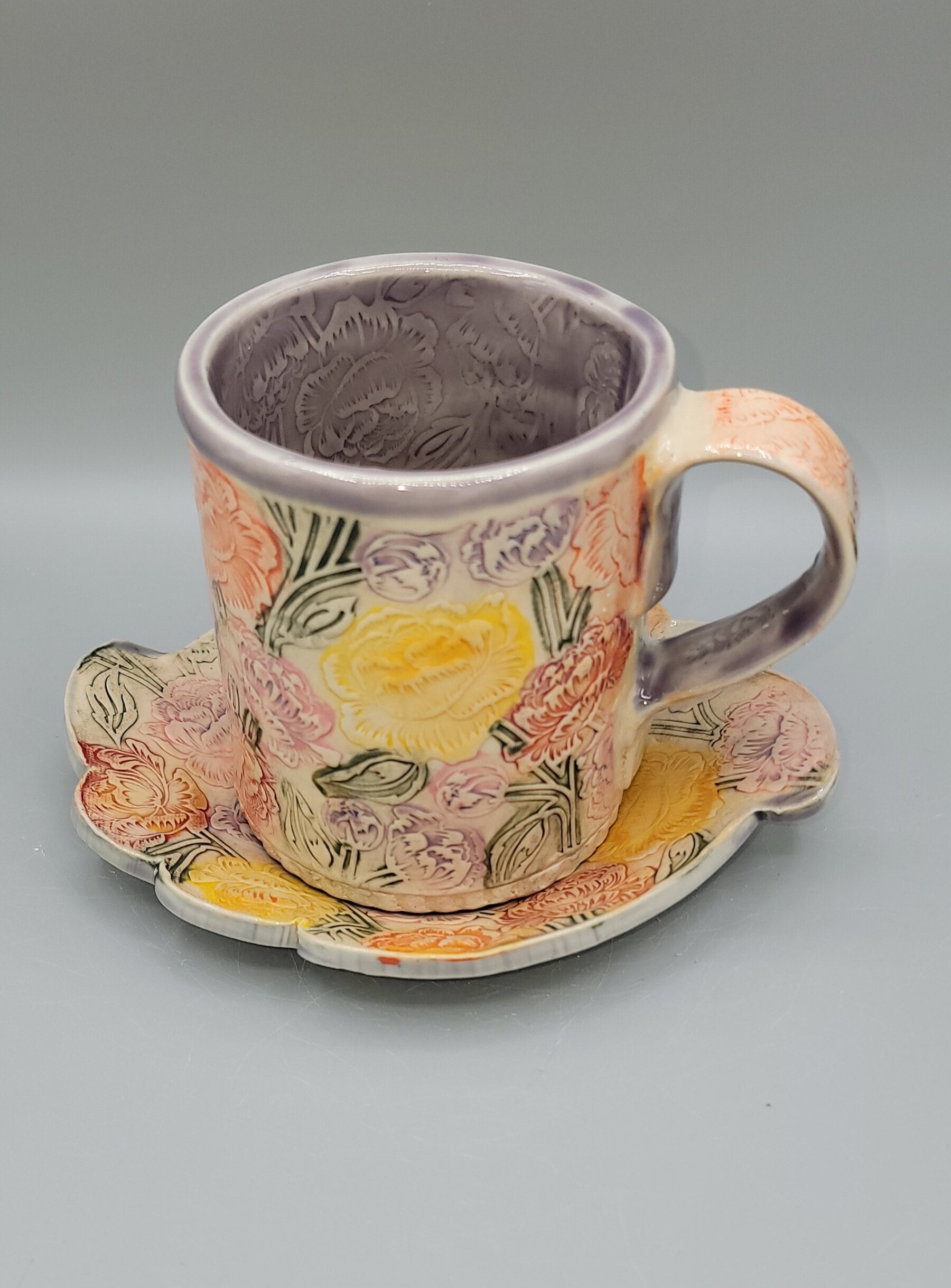 14-15oz Hand Painted, Multi Colored Peonies Ceramic Mug with matching saucer