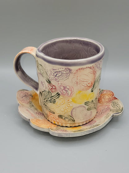 14-15oz Hand Painted, Multi Colored Peonies Ceramic Mug with matching saucer