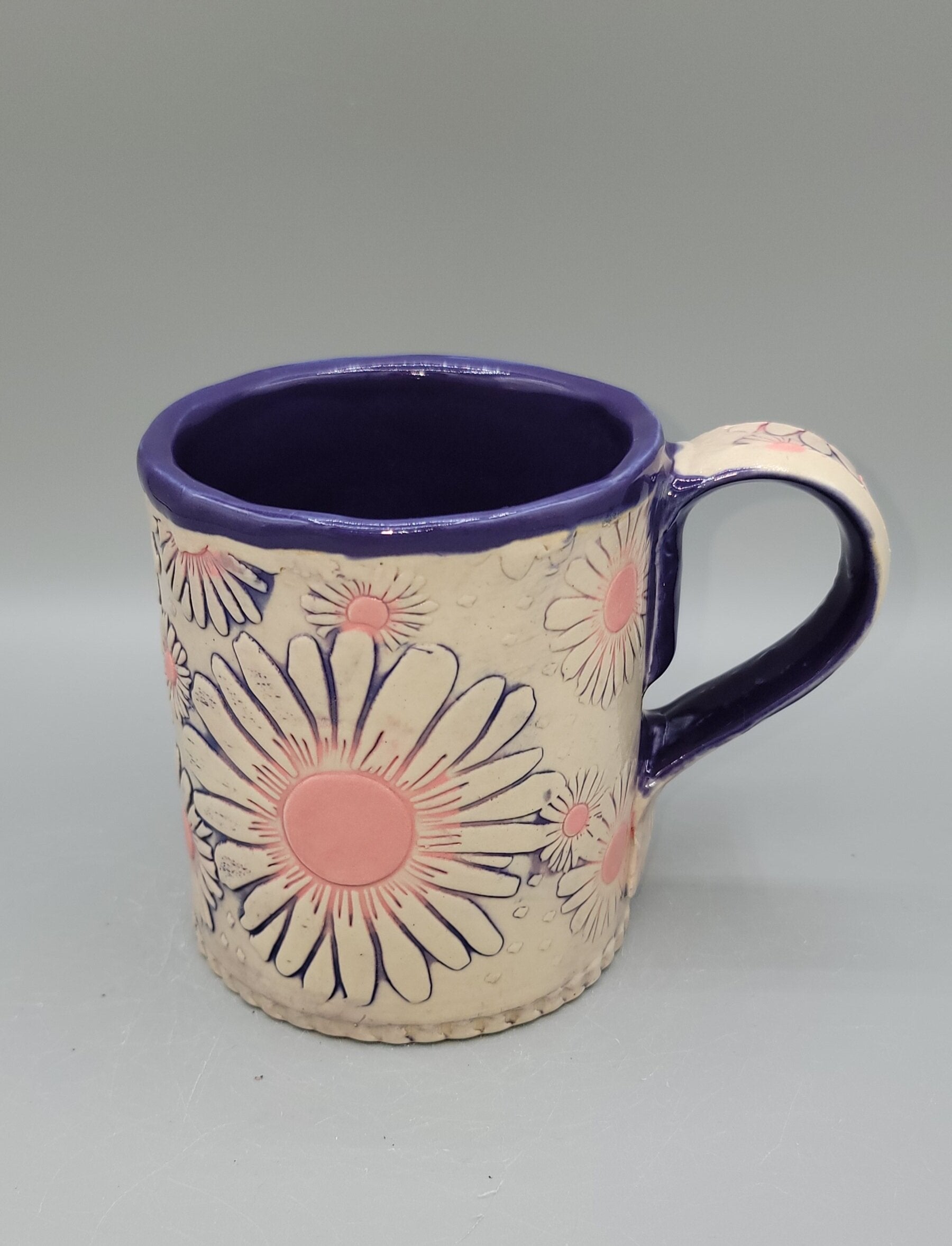 14-15oz Hand Painted, Embossed Purple Ombre Daisies Ceramic Mug